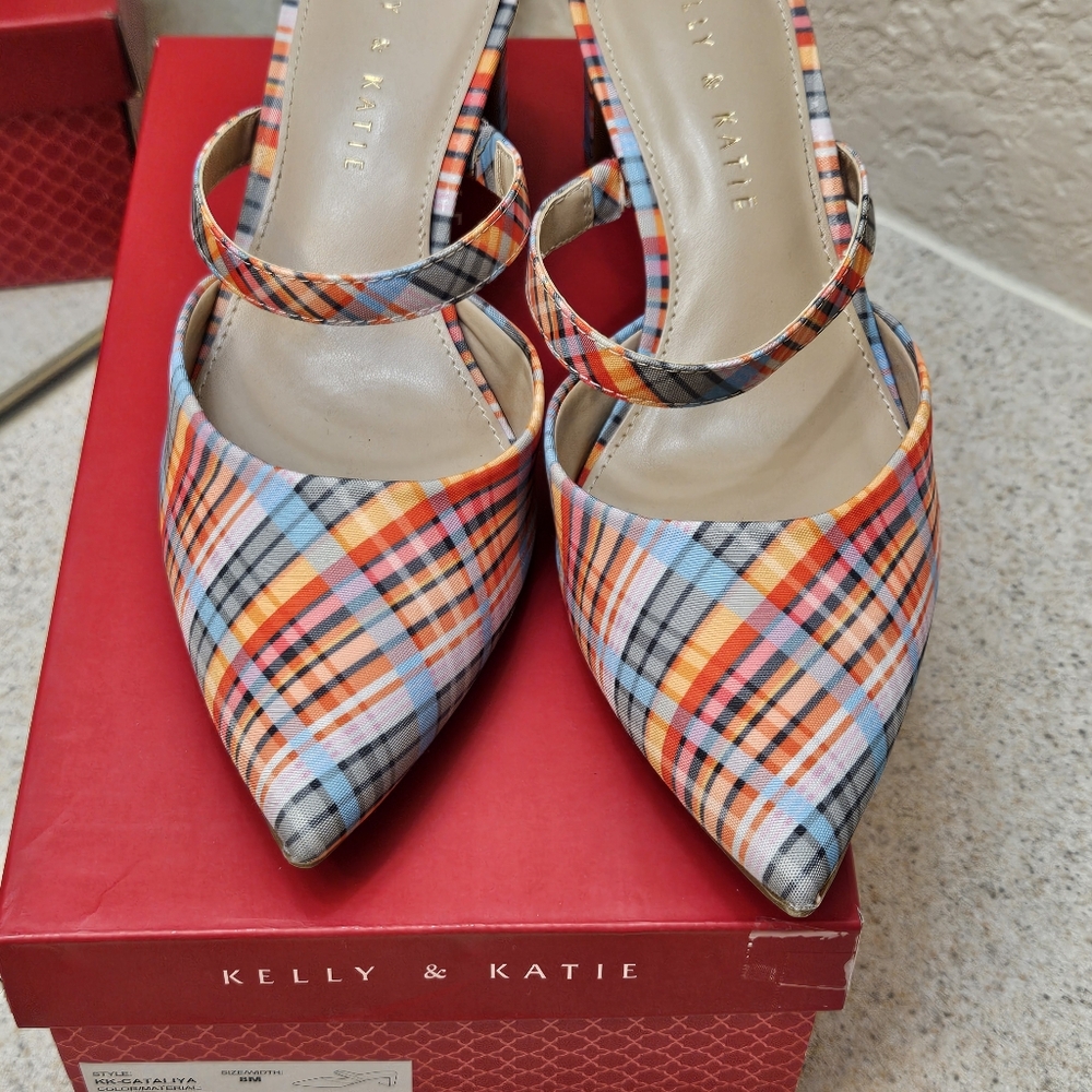 Kelly & Katie Orange Plaid Pointed-Toe Slingback Heels